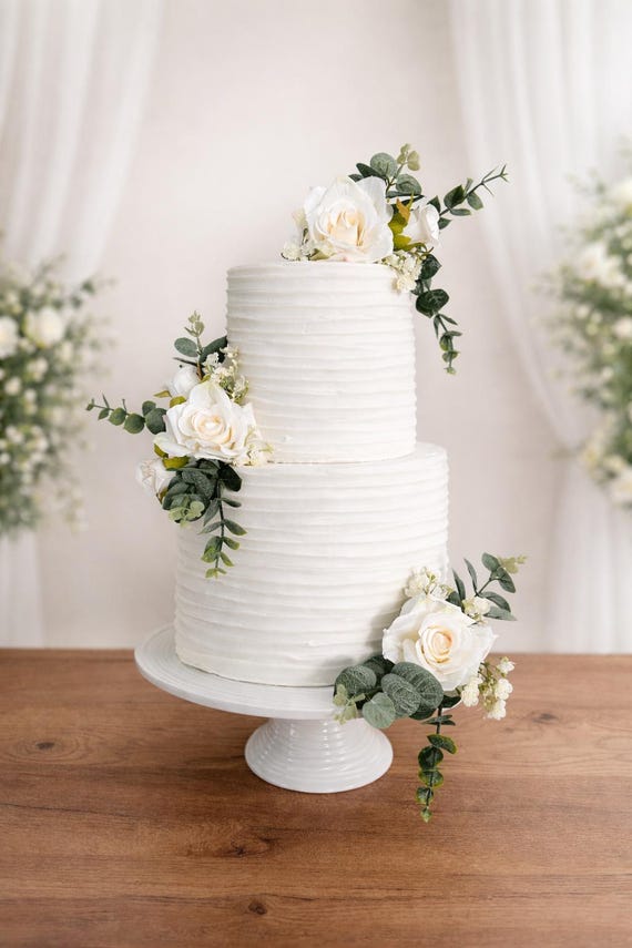 Artificial Cream Rose Cake Flowers – Eucalyptus Wedding Cake Floral Arrangement - Gypsophila Wedding