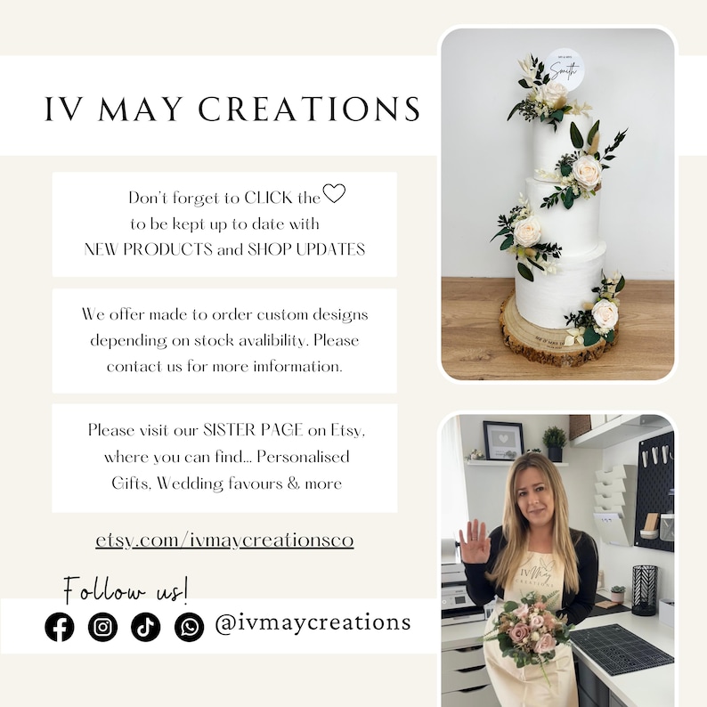 Op de afbeelding: Een witte taart met drie lagen, versierd met bloemstukken en groen, gepresenteerd op een houten basis. De afbeelding bevat tekst: "IV MAY CREATIONS" en social media iconen.