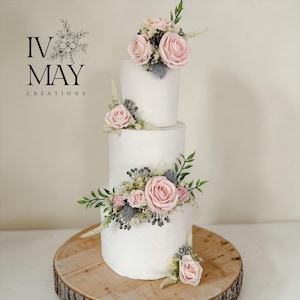 FULL SET Wedding Christening Cake Flower Arrangement Topper & Decorations Roses - Dusty Pink - Blush Pink - Cream - Blue Berry Mix