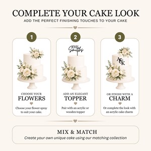 May include: An instructional graphic titled COMPLETE YOUR CAKE LOOK showing three steps for cake decoration. Step 1 features white flowers, step 2 shows a black cake topper reading THE SMITHS, and step 3 displays a black A&K charm on a white cake.