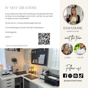 Op de afbeelding: Promotieafbeelding voor IV MAY CREATIONS, met een thuiskantoor met een printer, bureau en decoratieve items. De afbeelding bevat contactgegevens, een QR-code en social media-iconen. Dawn Dunne, de eigenaar van het bedrijf, is ook afgebeeld.