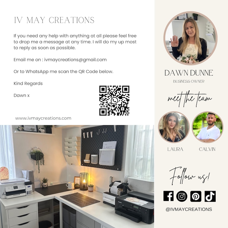Op de afbeelding: Promotieafbeelding voor IV MAY CREATIONS, met een thuiskantoor met een printer, bureau en decoratieve items. De afbeelding bevat contactgegevens, een QR-code en social media-iconen. Dawn Dunne, de eigenaar van het bedrijf, is ook afgebeeld.