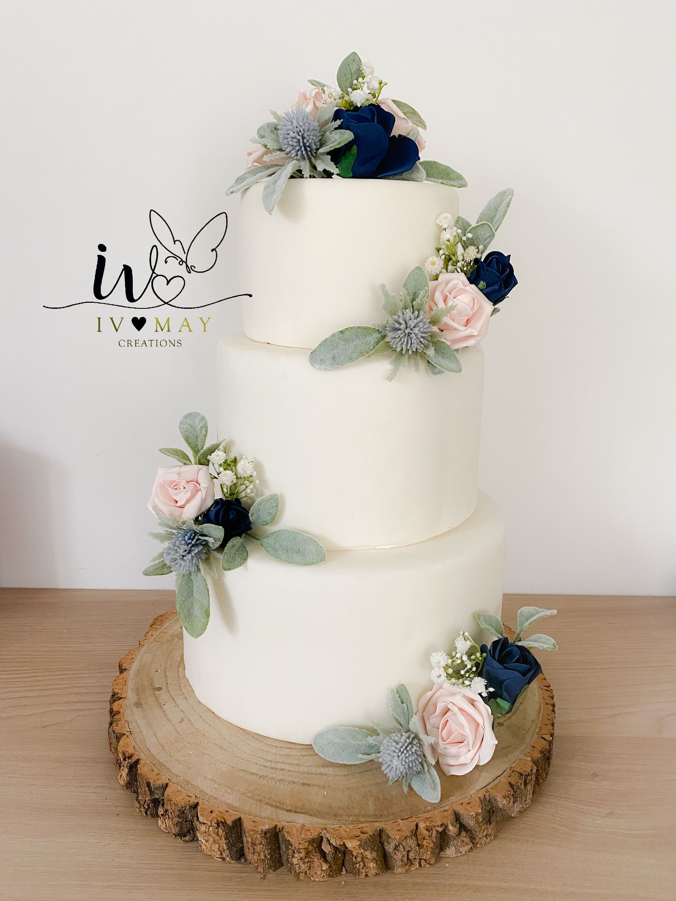 Rinlong 3Pcs Pre-Made Cake Toppers Navy Blue Flowers Cake Decorations Wedding Cake Decorating Flowers Decor Birthday Baptism Par - View #2