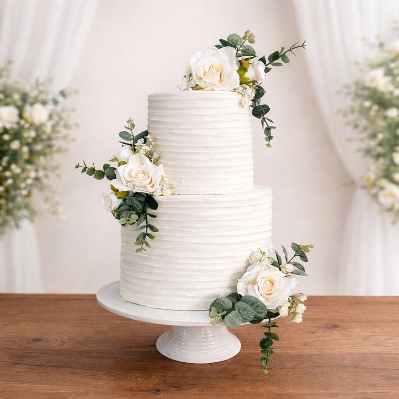 Artificial Cream Rose Cake Flowers – Eucalyptus Wedding Cake Floral Arrangement - Gypsophila Wedding Bild 3