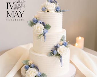 Dusty Blue Rose Cake Flower Arrangement: Wedding Christening Topper