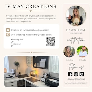 May include: An informational business card for IV May Creations featuring contact details, email address ivmaycreations@gmail.com, a WhatsApp QR code, and a team section with photos of Dawn Dunne, Laura, and Calvin. Includes social media icons and website.