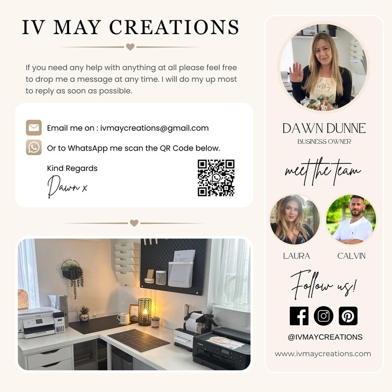 May include: An informational business card for IV May Creations featuring contact details, email address ivmaycreations@gmail.com, a WhatsApp QR code, and a team section with photos of Dawn Dunne, Laura, and Calvin. Includes social media icons and website.
