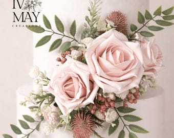 Ivory - Blush Rose Cake Decoration | Gypsophila Bunch & Garland | Wedding Cake Topper Flowers