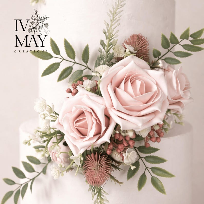 Ivory - Blush Rose Cake Decoration | Gypsophila Bunch & Garland | Wedding Cake Topper Flowers afbeelding 1