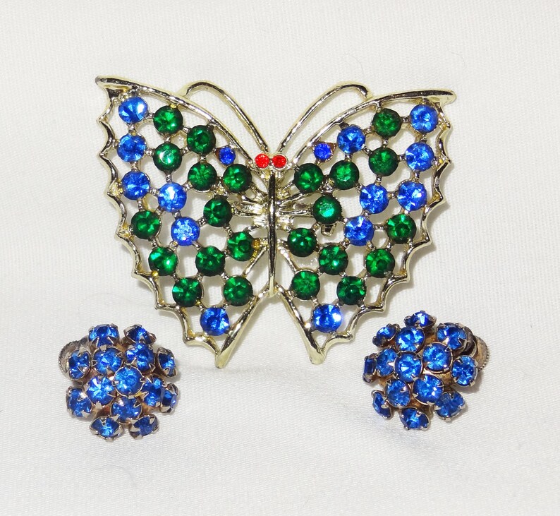 Vintage Butterfly Brooch Screw Earring Set RHINESTONES