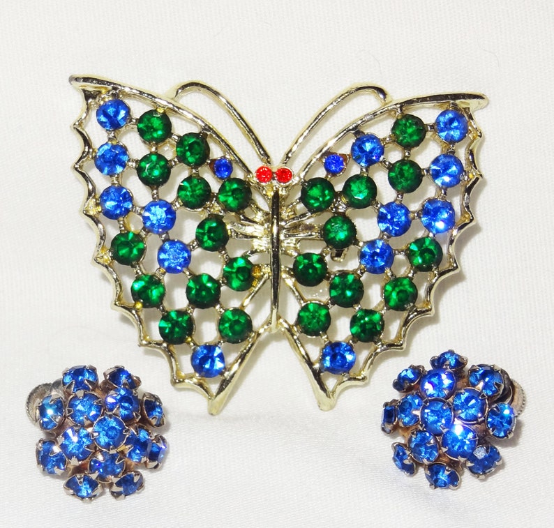 Vintage Butterfly Brooch Screw Earring Set RHINESTONES