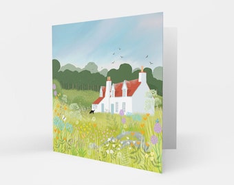 Skylark Cottage greetings card from original art by Caroline Smith. Blank greetings cards. Country cottage garden.