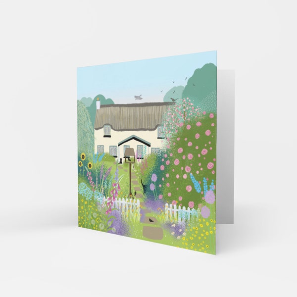 Rose Cottage greetings card from original art by Caroline Smith. Blank greetings cards. Country cottage garden.