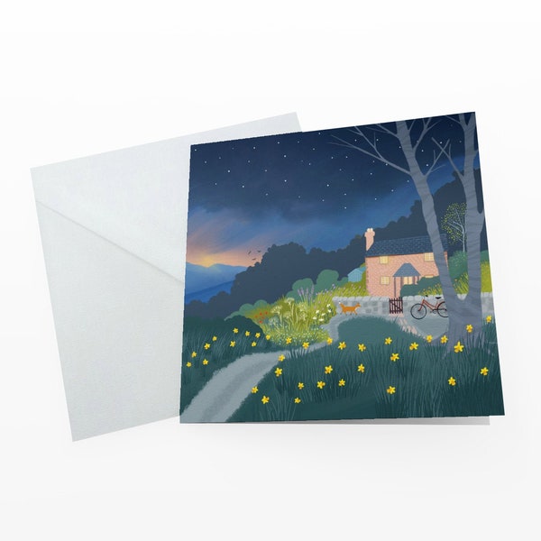 Welcome Home greetings card from original art by Caroline Smith. Blank greetings cards. Featuring country cottage in evening light.
