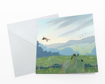 Escape greetings card from original art by Caroline Smith. Blank greetings cards. Featuring a Black Labradors and a Landrover Defender.