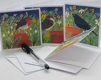 Pack of 8 Garden Bird Notelets from original art. Notelet Cards with envelopes featuring original paintings by Caroline Smith.