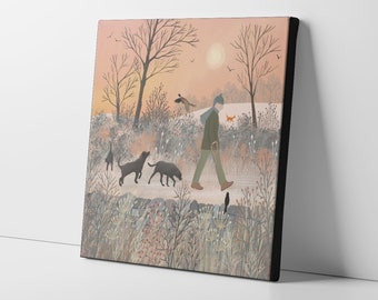 Art mural sur toile de Winter Walk, art original du paysage écossais par Caroline Smith feauring un homme promenant ses chiens un soir d’hiver.