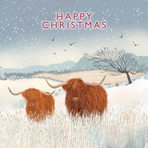 Highland Cow Christmas card. Winter card. Greetings cards handmade. Can be personalised. Scottish highland winter landscape. Seasonal card.