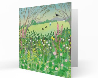 Morning Hedgerow greetings card - Summer landscape. Birthday card, thank you card, anniversary card, housewarming card. Sending love.