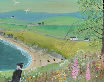 Keeping Watch, Coast Landscape with wildflowers, sheep and Border Collie. Art Print, Signed by artist. Wall Art, Home Decor, Office Art
