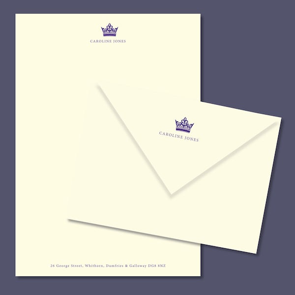 Luxury Crown Personalised Stationery. Letter writing paper and envelopes. Classic design with crown. Vintage Style Notepaper and Envelopes.