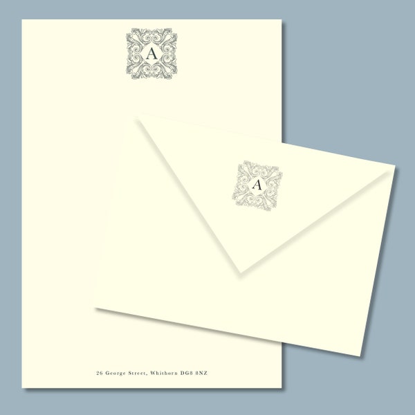 Luxury Acanthus Monogrammed Personalised Stationery. Letter writing paper and envelopes. Vintage Style Notepaper and Envelopes.