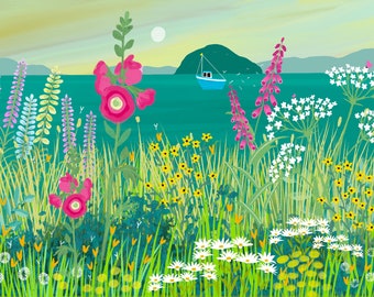 Ayrshire Glow - Signed Giclee Print. Art print, Home Decor, Office Art. Wildflowers with view from the Ayrshire coast of Ailsa Craig & Arran