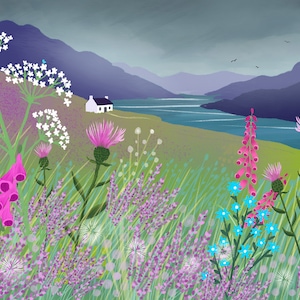 Highland Fling - Signed Giclee Print. Art print, Home Decor, Office Art. Wildflowers with view of a Highland Loch, Scotland