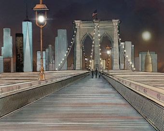 Brooklyn Bridge, New York. Choose Day or Night - Signed Giclee Print. City View. Art print, Home Decor, Wall Art. Print only or framed.