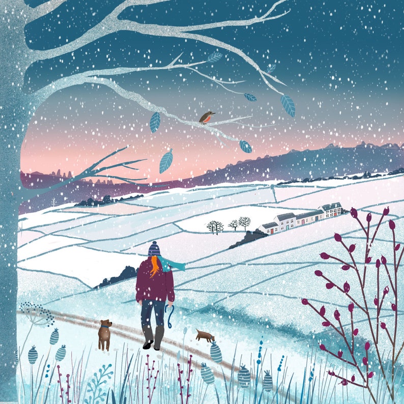 Snowy Fields, Galloway Winter Christmas Card. Made in Scotland. Featuring winter walks with dogs. image 1