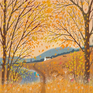 Autumn signed Giclee art print - Along the Riverbank. Scottish Art, Office Art, Happy Art, Wall Decor, Cottage style. Home gift