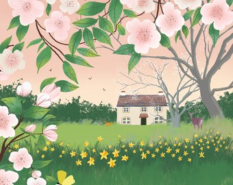 May include: A white cottage with a pink and green flower garden in front. The cottage has a brown roof and white trim. There are trees with pink flowers in the background.
