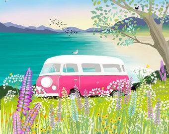 Staycation - Signed Giclee Print, Campervan on the shores of a Scottish Loch. Art print, Home Decor, Wall Art.