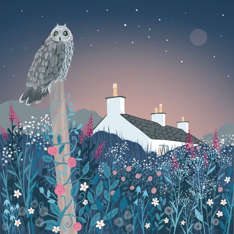 Owl Print Signed Giclee Print, Owl Lodge with wildflowers and Scottish Cottage. Art print, Home Decor, Wall Art, Office Art image 1