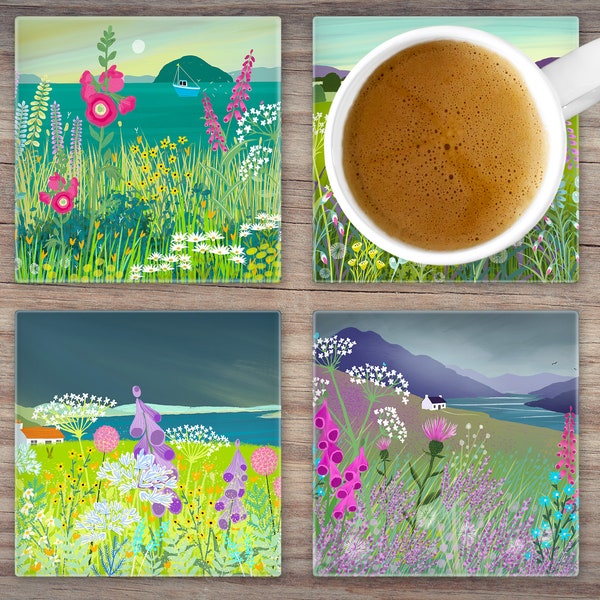 Set of 4 Glass Coasters in Gift Box featuring Glorious Scotland Designs, Scottish Landscape Art, Gift for Friend