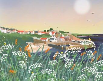 Weekend Break, Scottish Landscape inspired by the East Neuk of Fife, Giclee Art print, signed by the artist. Print only or framed.