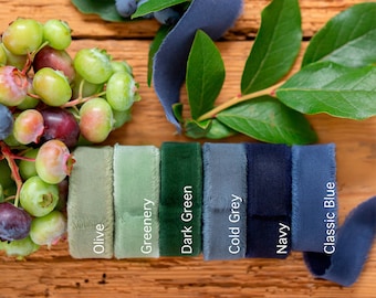 Ribbon 1/2" 1" 2" 3 inch Hand dyed cotton silk blue green olive navy greenery Wedding invitation tie Wax stamp Gift wrap Bridal bouquet