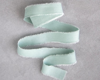 Dusty Sage 1/2" ribbon: Hand-dyed matte Vegan Wedding invitation ribbon, Seafoam frayed favor wrapping