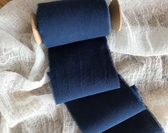 Navy Blue ribbon 3" Hand dyed ribbon, Navy Cotton ribbon, bridal bouquet Wedding ribbon, beach wedding decor, navy wrap, centerpieces ribbon