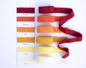 HAND-DYED Ribbon: Fall Wedding Thanksgiving décor, Christmas wrapping, Raw edge Scrapbook fabric strips