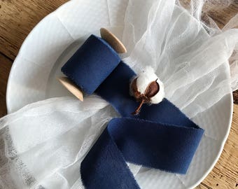 Navy Blue ribbon 2" Hand dyed ribbon, Navy Cotton ribbon, bridal bouquet Wedding ribbon, beach wedding decor, navy wrap, centerpieces ribbon