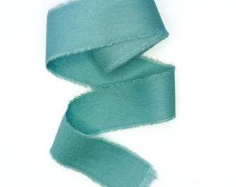 Blaues handgefärbtes salbei Band: 5 Meter Handgerissene Fransenkante Hochzeit Geschenkverpackung, türkis Veganes Band