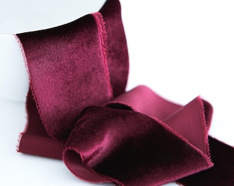 Wein Seide Samt Fransenband: Handgefärbte Hochzeitsdeko, Blumensträuße Einladungen, Handgerissene Maroon Merlot