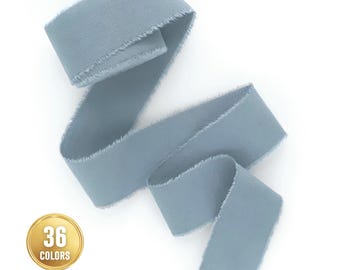 Dusty Blue HAND-DYED cotton Ribbon: French Raw frayed edges, Hand-torn wedding Invitation fabric strip
