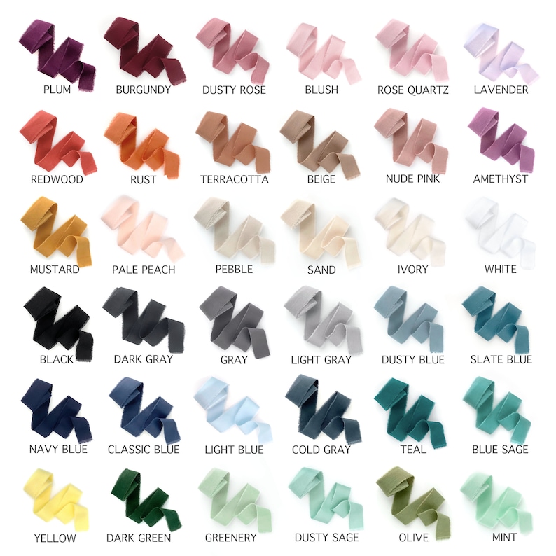 May include: A chart of 24 different colored ribbon samples. The colors are arranged in six rows of four. The colors include plum, burgundy, dusty rose, blush, rose quartz, lavender, redwood, rust, terracotta, beige, nude pink, amethyst, mustard, pale peach, pebble, sand, ivory, white, black, dark gray, gray, light gray, dusty blue, slate blue, navy blue, classic blue, light blue, cold gray, teal, blue sage, yellow, dark green, greenery, dusty sage, olive, and mint.