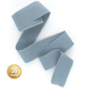 Dusty Blue ribbon for invitations Frayed edge Hand dyed and torn Cotton silk like vegan bouquet ribbon Wedding rustic decor Gift favors wrap