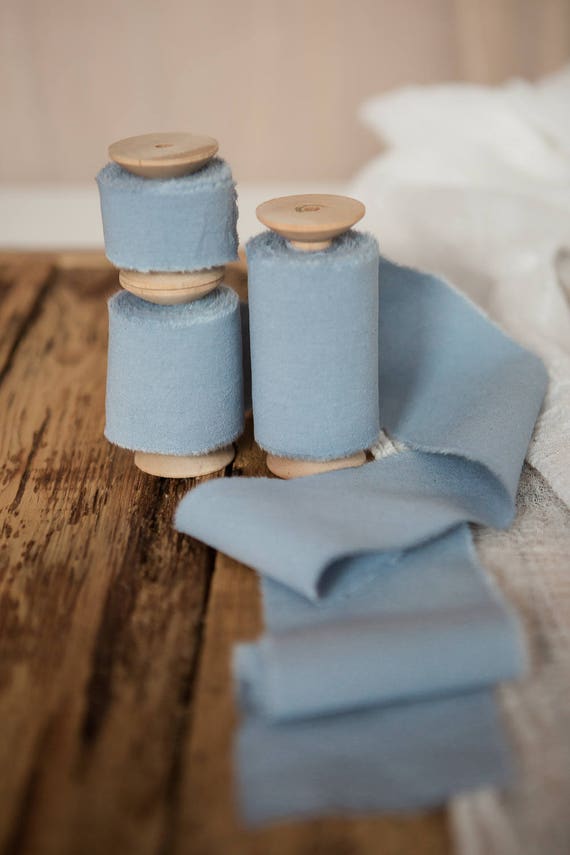 Dusty Blue Ribbon Hand Dyed Cotton Bridal Bouquet Ribbon, Wedding