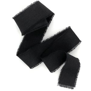 Black raw frayed edge cotton ribbon: for decorations, invitation, Memorial sign, Hand-dyed Vegan wrapping image 1