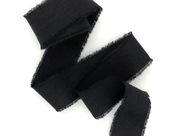 Black raw frayed edge cotton ribbon: for decorations, invitation, Memorial sign, Hand-dyed Vegan wrapping