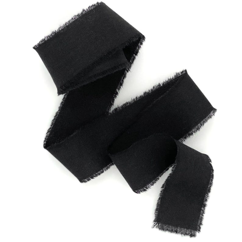 Black raw frayed edge cotton ribbon: for decorations, invitation, Memorial sign, Hand-dyed Vegan wrapping image 1
